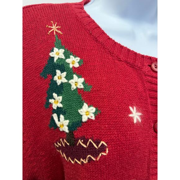 VTG Christmas Sweater Womens M 10 12 Cardigan Cozy Cabin Tree Embroidered red - Picture 3 of 8